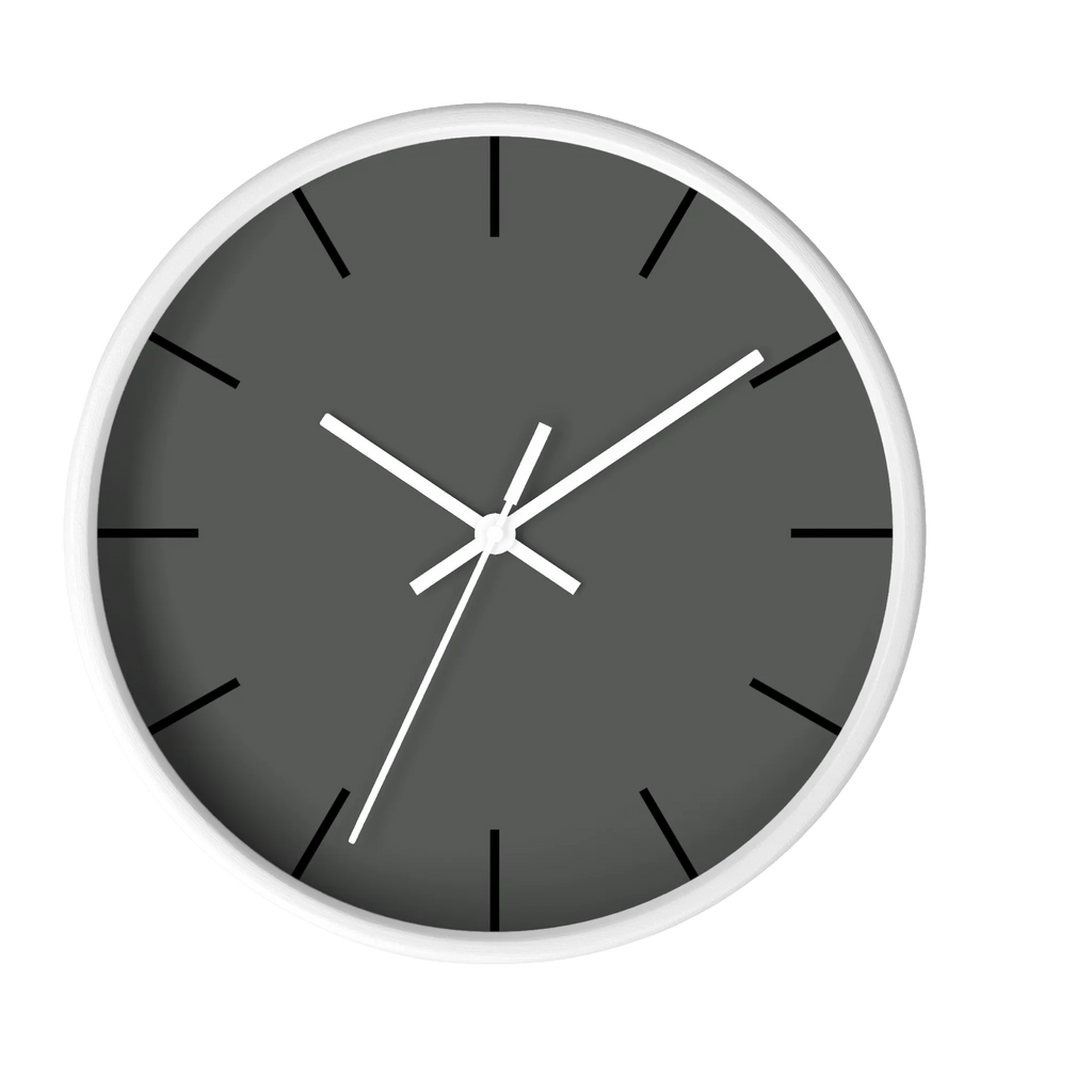 Atomic grey silent wall clock, white base, white hands, black markers, 10 inch, front view.