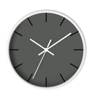 Atomic grey silent wall clock, white base, white hands, black markers, 10 inch, front view.