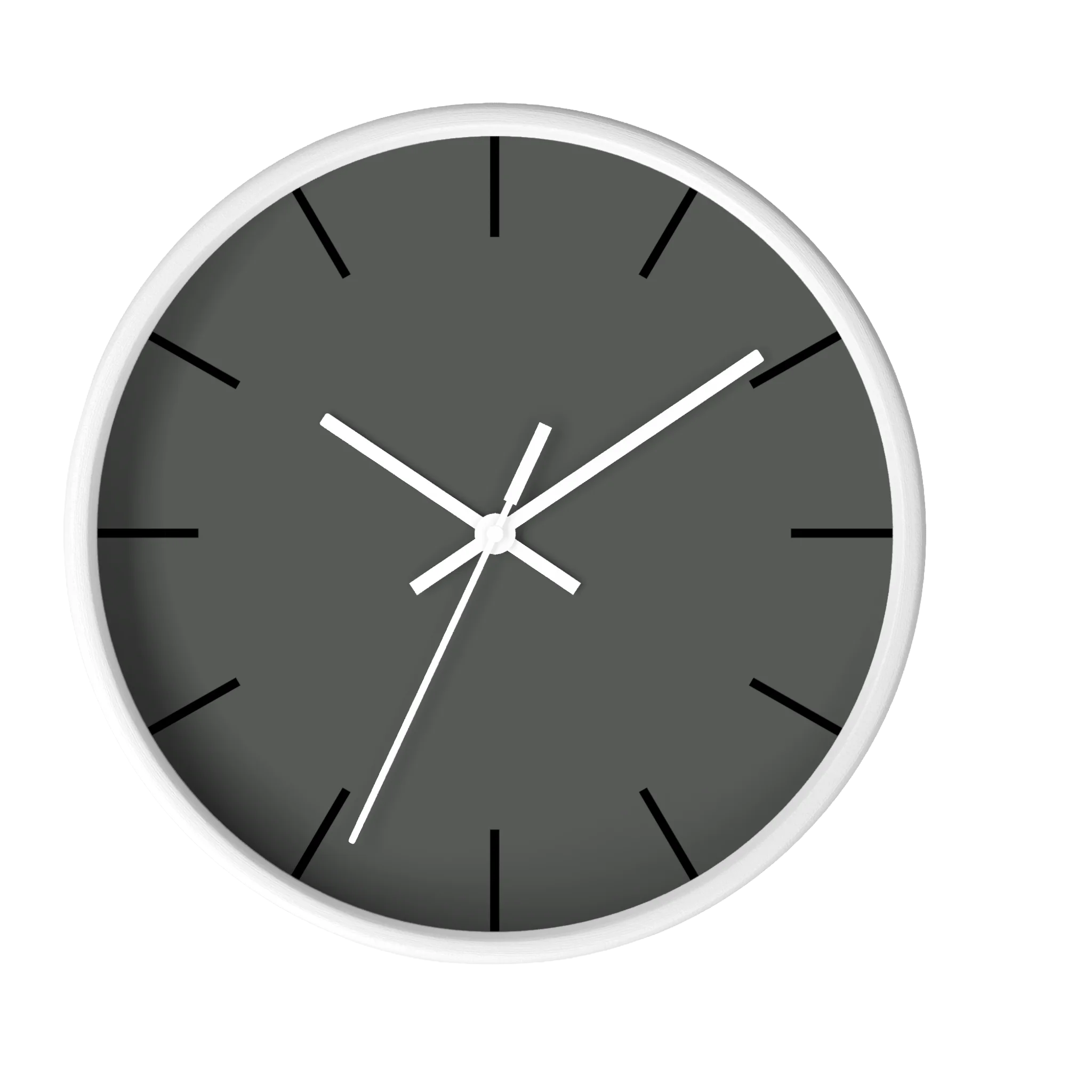 Atomic grey silent wall clock, white base, white hands, black markers, 10 inch, front view.