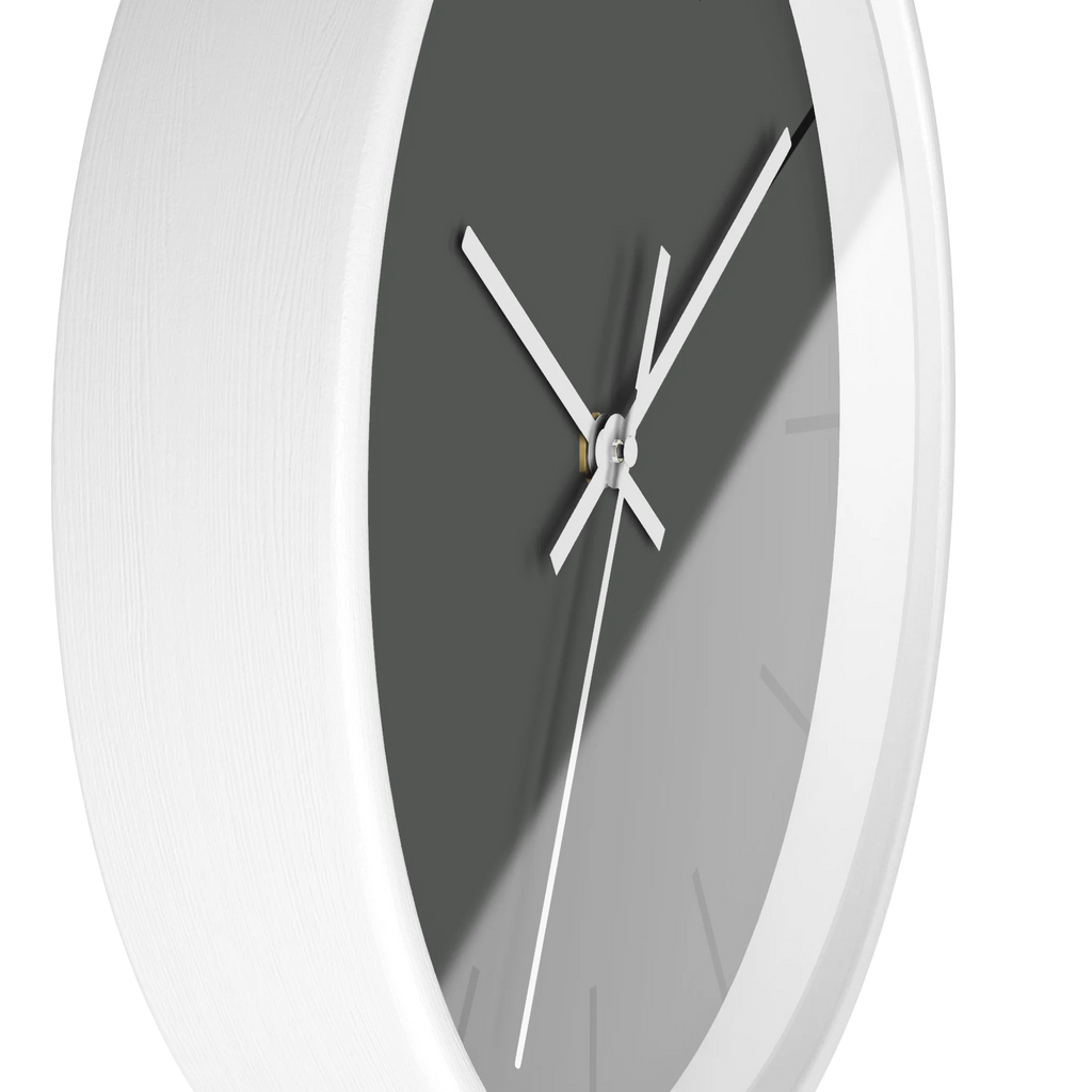 Atomic grey silent wall clock, white base, white hands, black markers, 10 inch, side view.