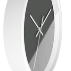Atomic grey silent wall clock, white base, white hands, black markers, 10 inch, side view.