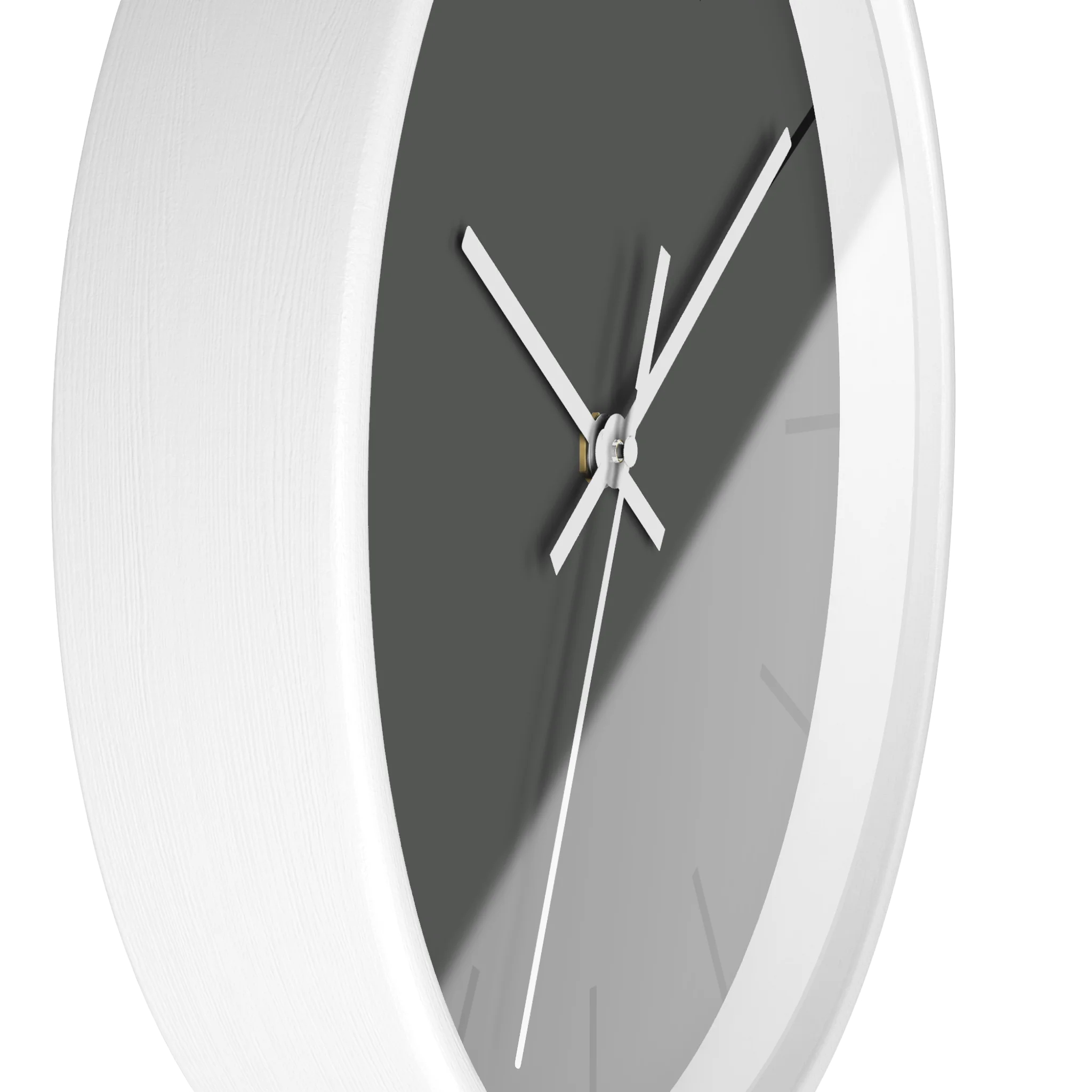 Atomic grey silent wall clock, white base, white hands, black markers, 10 inch, side view.