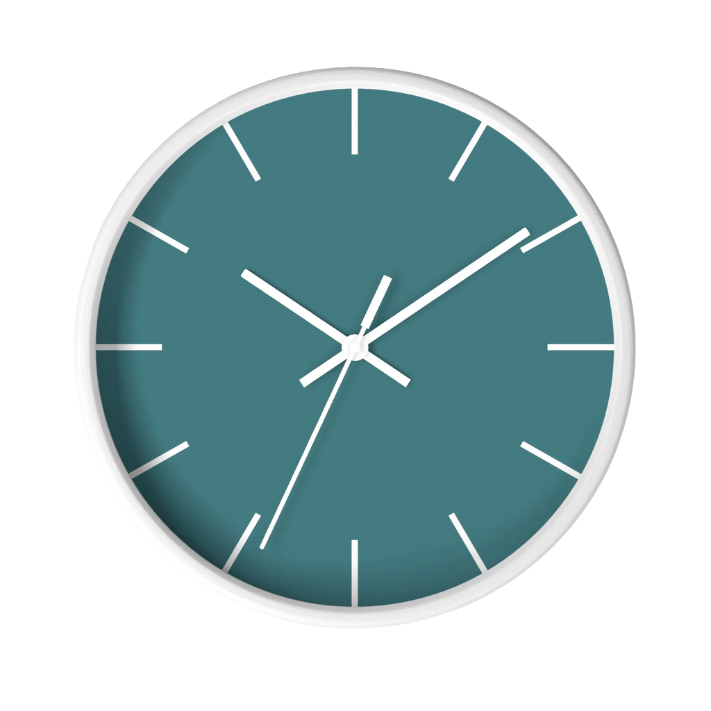 Bismark teal silent wall clock, white base, white hands, white markers, 10 inch, front view.