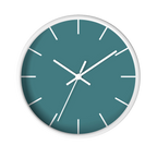 Bismark teal silent wall clock, white base, white hands, white markers, 10 inch, front view.