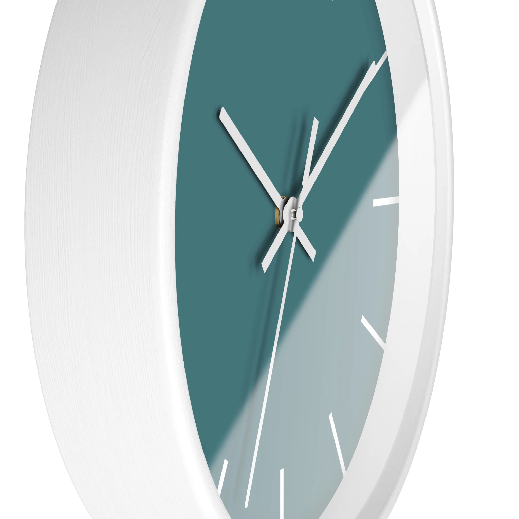 Bismark teal silent wall clock, white base, white hands, white markers, 10 inch, side view.