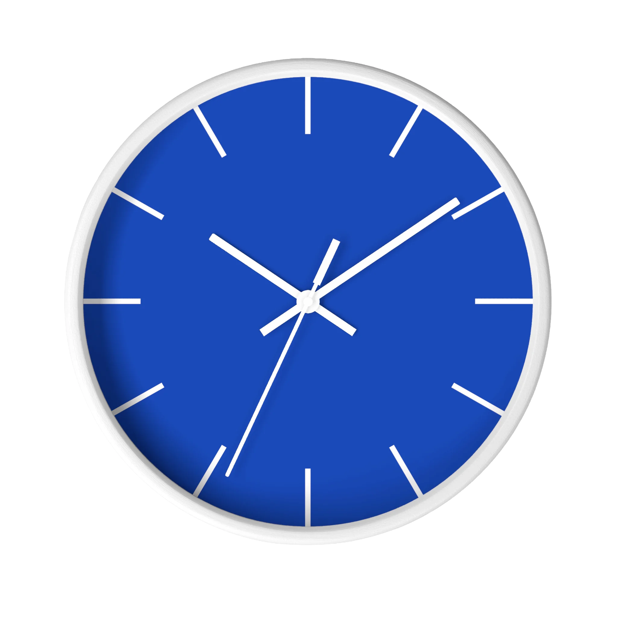 Blue silent wall clock, white base, white hands, white markers, 10 inch, front view.