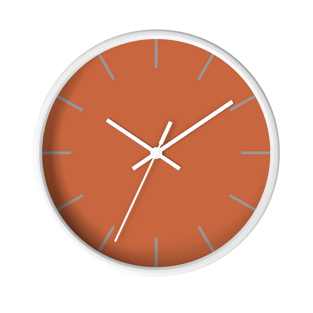 Boho rust orange silent wall clock, white base, white hands, light grey markers, 10 inch, front view.