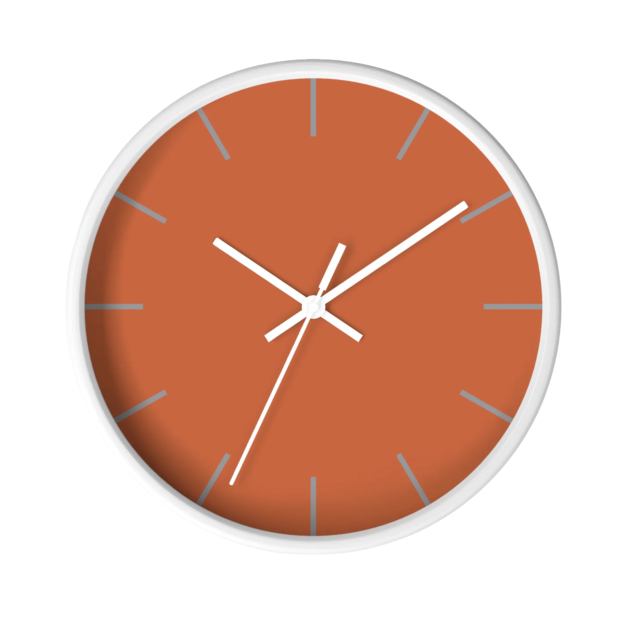 Boho rust orange silent wall clock, white base, white hands, light grey markers, 10 inch, front view.