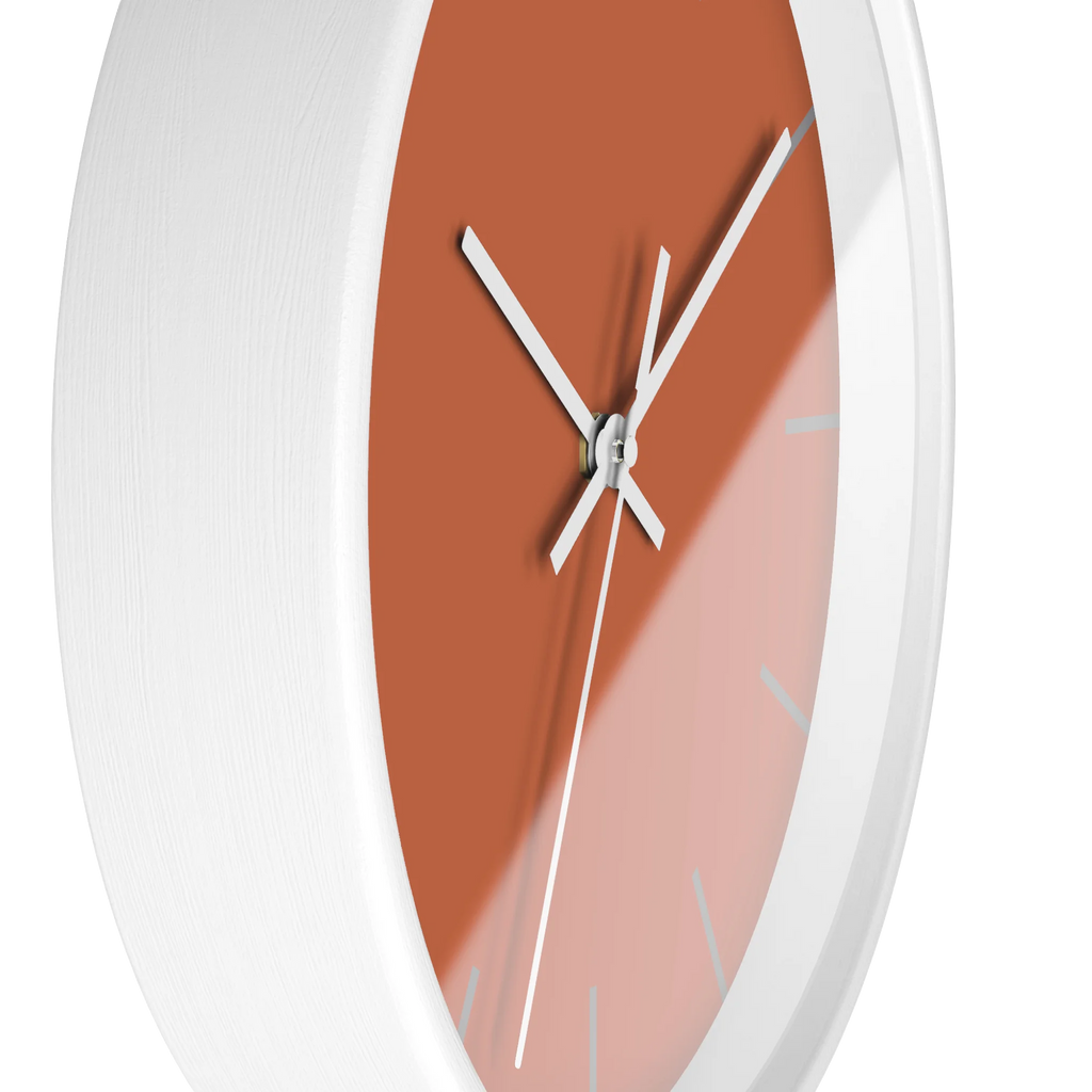 Boho rust orange silent wall clock, white base, white hands, light grey markers, 10 inch, side view.