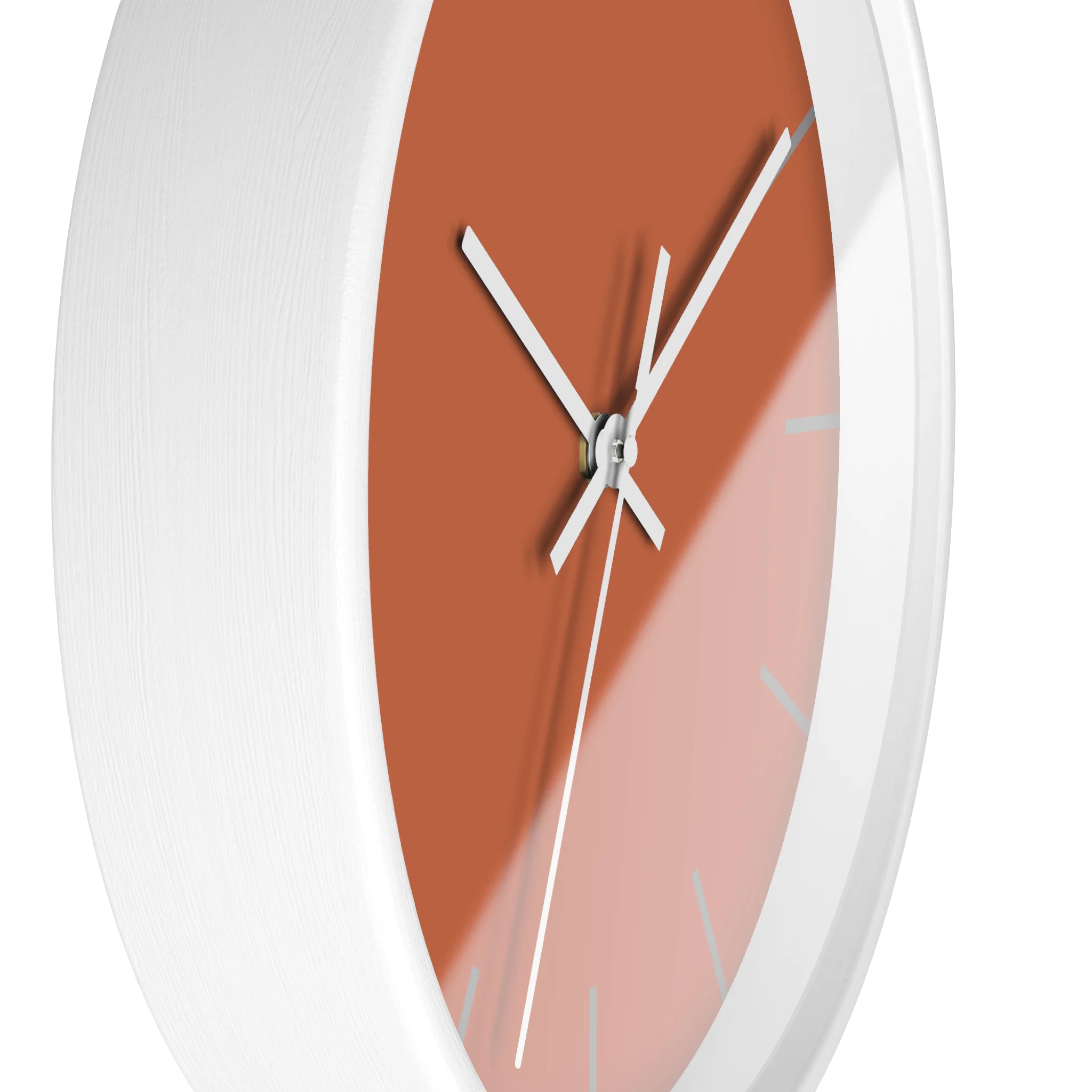 Boho rust orange silent wall clock, white base, white hands, light grey markers, 10 inch, side view.