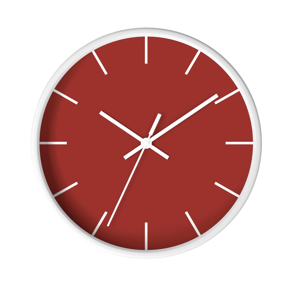 Brownish red silent wall clock, white base, white hands, white markers, 10 inch, front view.