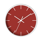 Brownish red silent wall clock, white base, white hands, white markers, 10 inch, front view.