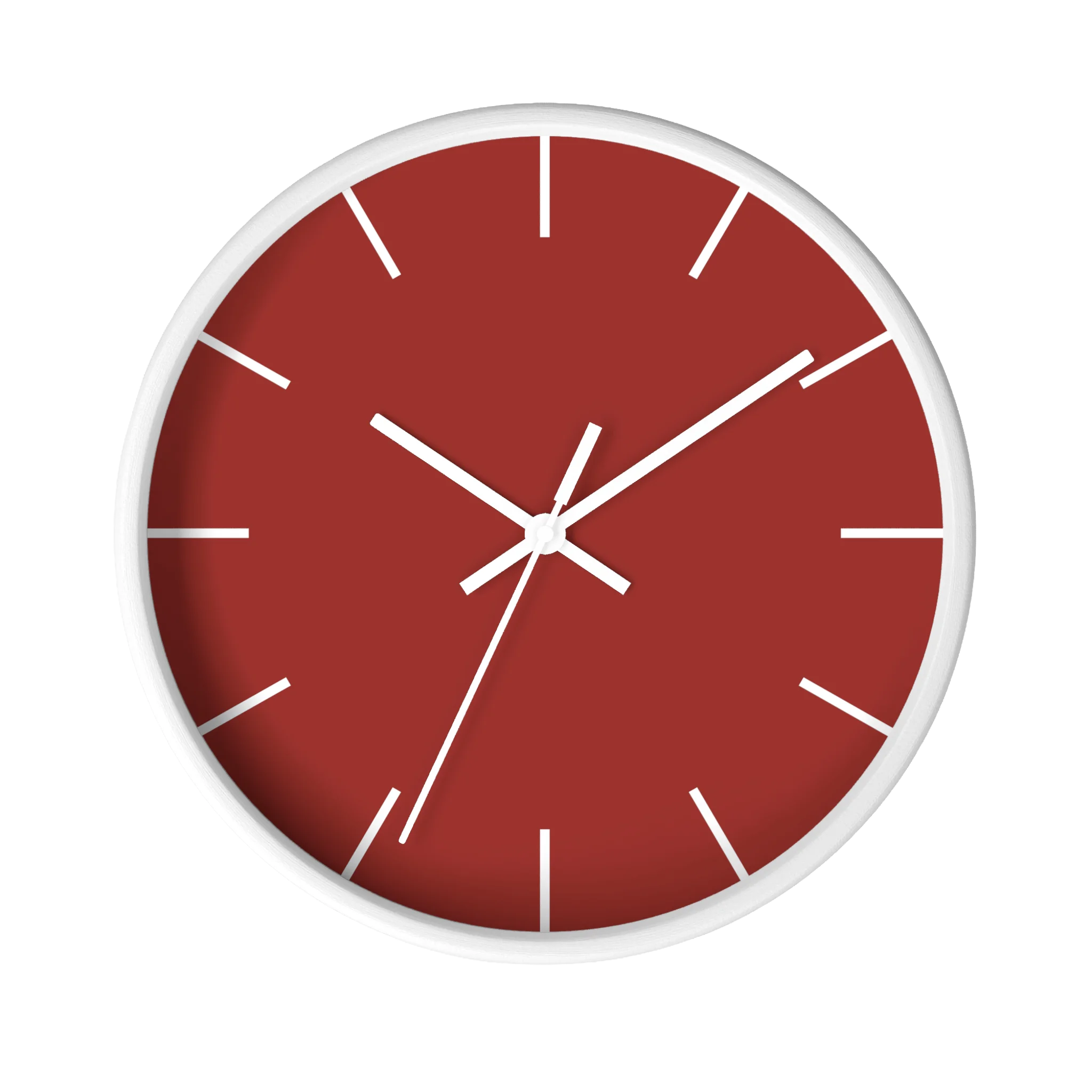 Brownish red silent wall clock, white base, white hands, white markers, 10 inch, front view.