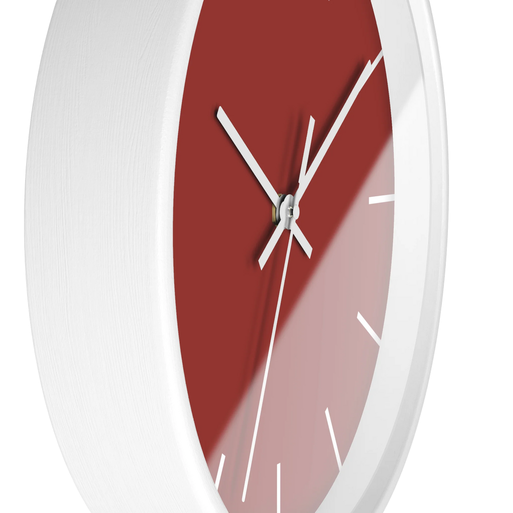 Brownish red silent wall clock, white base, white hands, white markers, 10 inch, side view.
