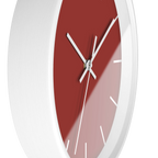Brownish red silent wall clock, white base, white hands, white markers, 10 inch, side view.