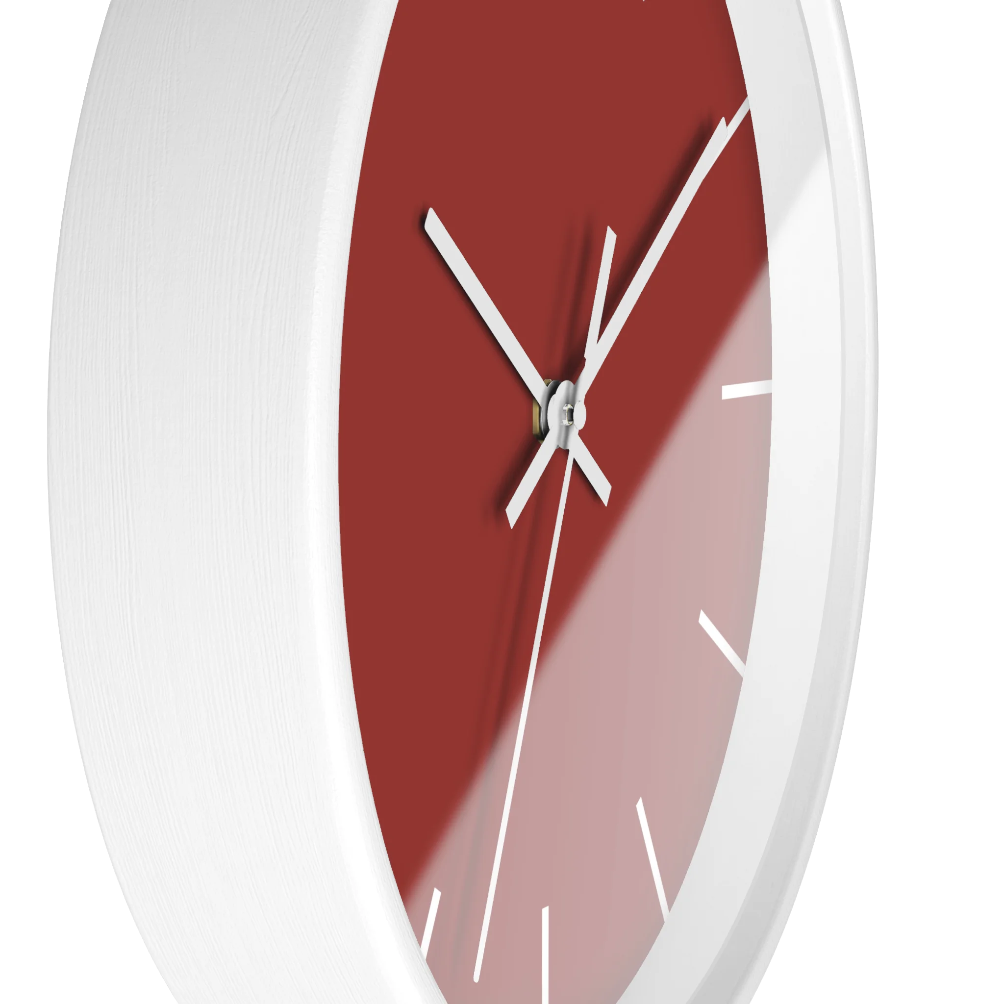 Brownish red silent wall clock, white base, white hands, white markers, 10 inch, side view.
