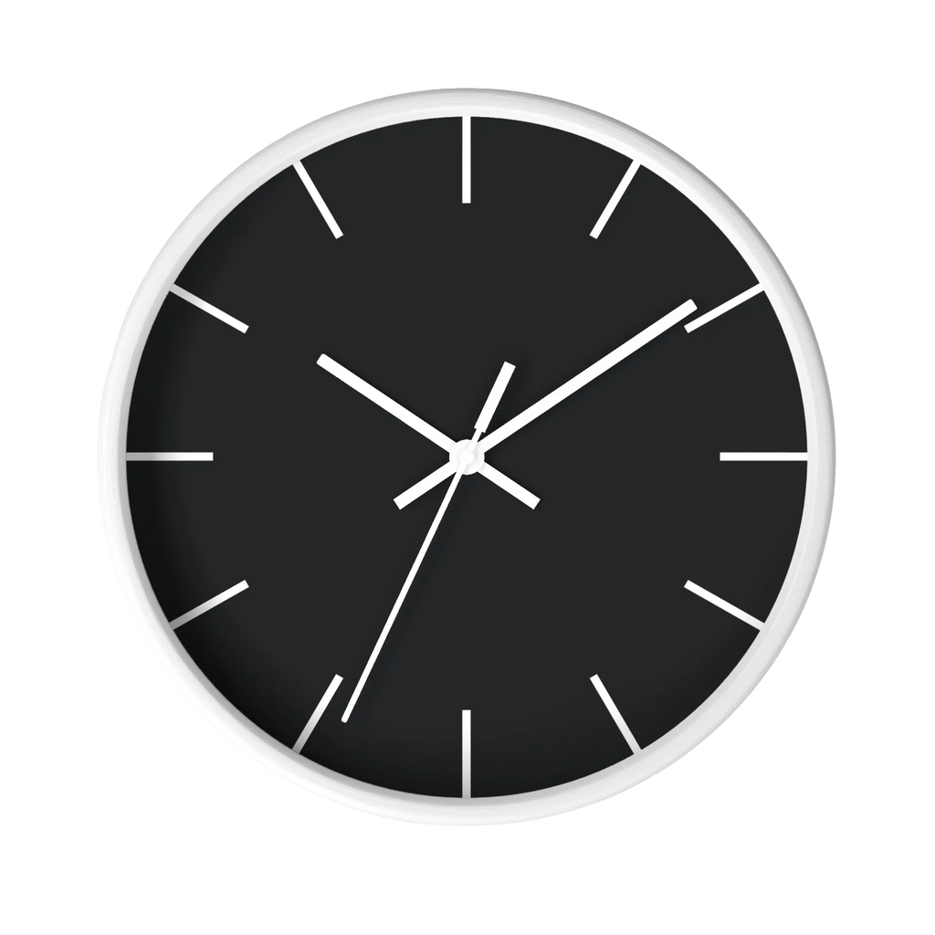 Carbon fiber black silent wall clock, white base, white hands, white markers, 10 inch, front view.