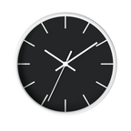 Carbon fiber black silent wall clock, white base, white hands, white markers, 10 inch, front view.