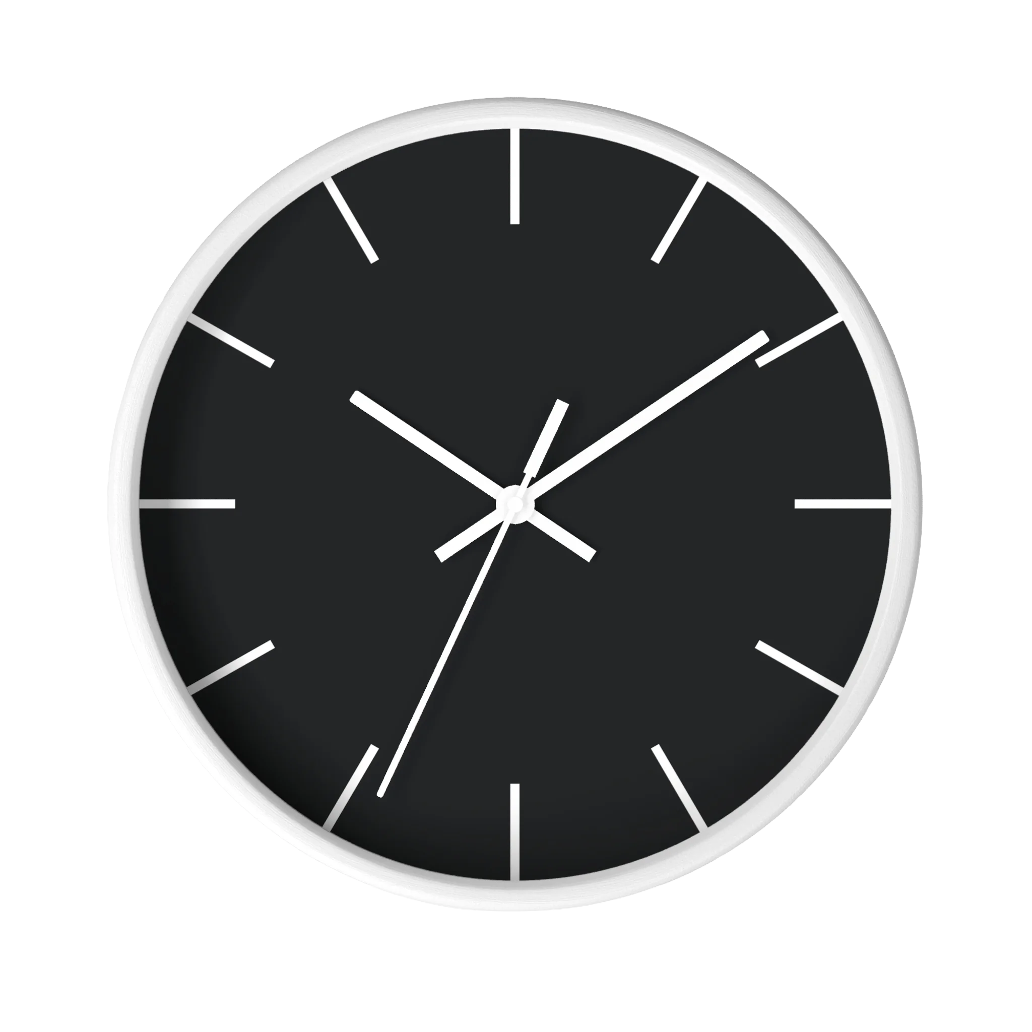 Carbon fiber black silent wall clock, white base, white hands, white markers, 10 inch, front view.