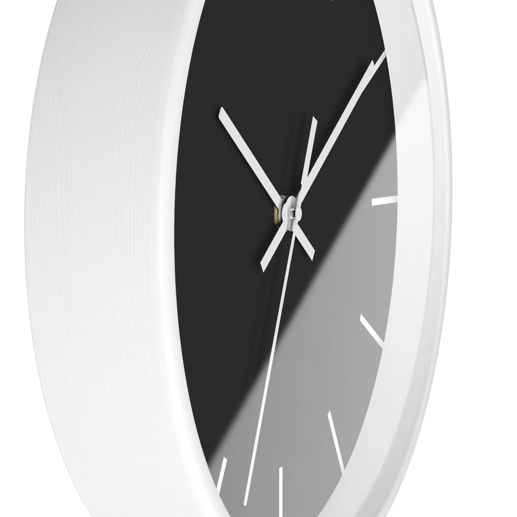 Carbon fiber black silent wall clock, white base, white hands, white markers, 10 inch, side view.