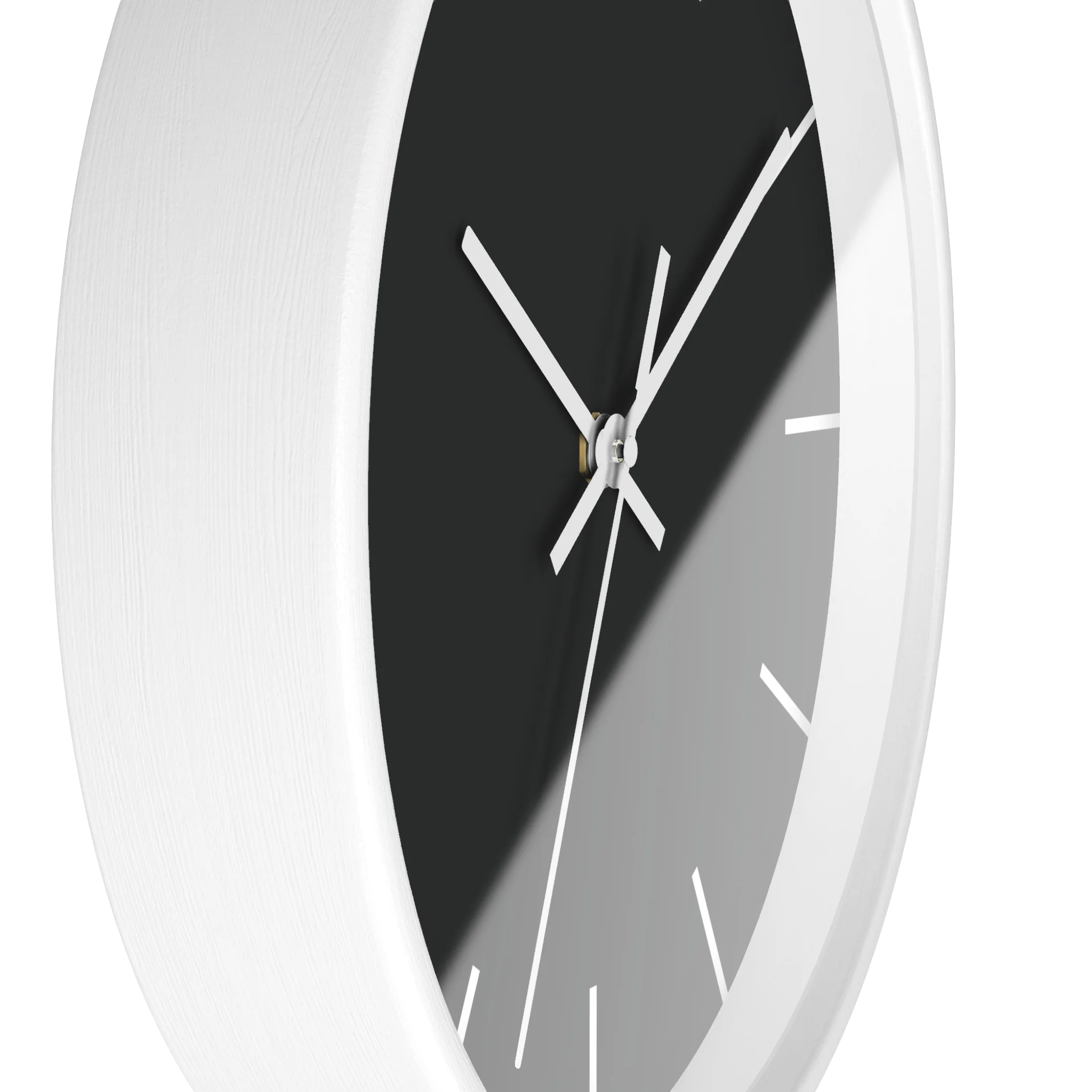 Carbon fiber black silent wall clock, white base, white hands, white markers, 10 inch, side view.