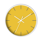 Champ yellow silent wall clock, white base, white hands, dark grey markers, 10 inch, front view.