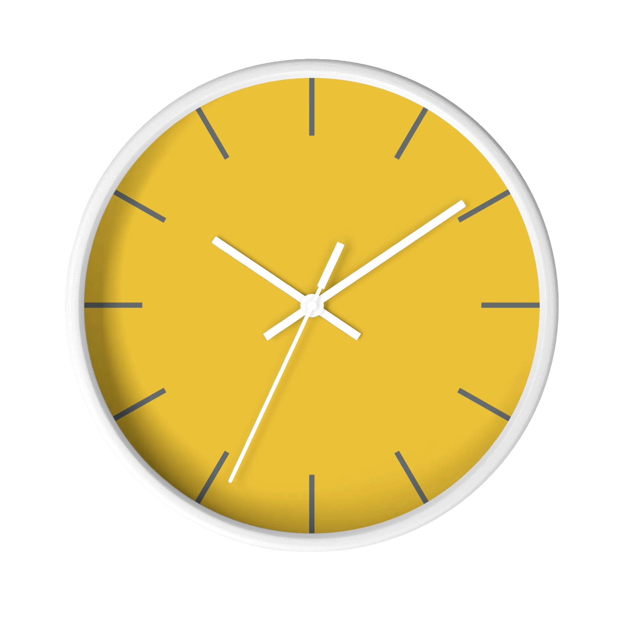 Champ yellow silent wall clock, white base, white hands, dark grey markers, 10 inch, front view.