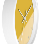 Champ yellow silent wall clock, white base, white hands, dark grey markers, 10 inch, side view.