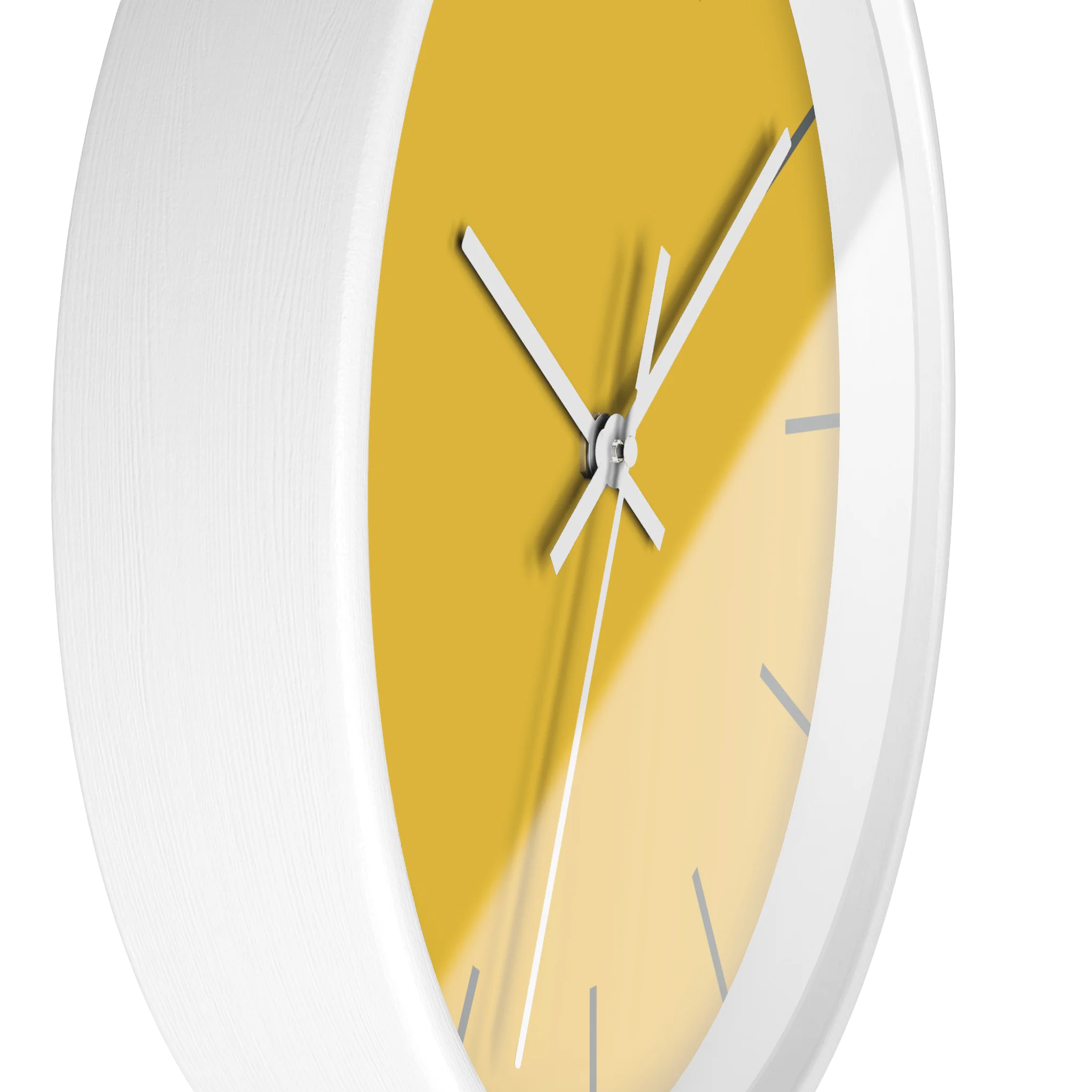 Champ yellow silent wall clock, white base, white hands, dark grey markers, 10 inch, side view.