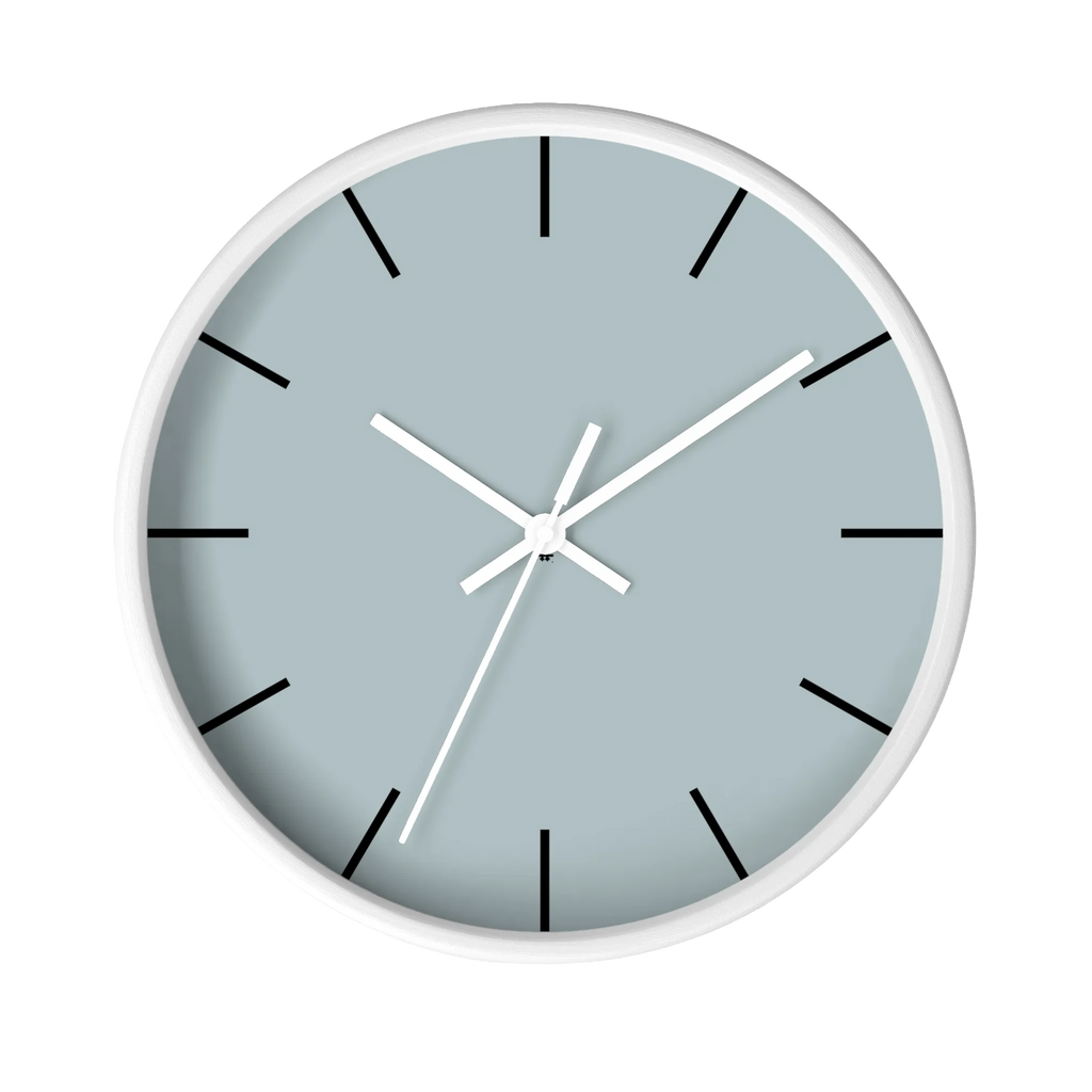 Cool silver silent wall clock, white base, white hands, black markers, 10 inch, front view.