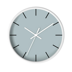 Cool silver silent wall clock, white base, white hands, black markers, 10 inch, front view.