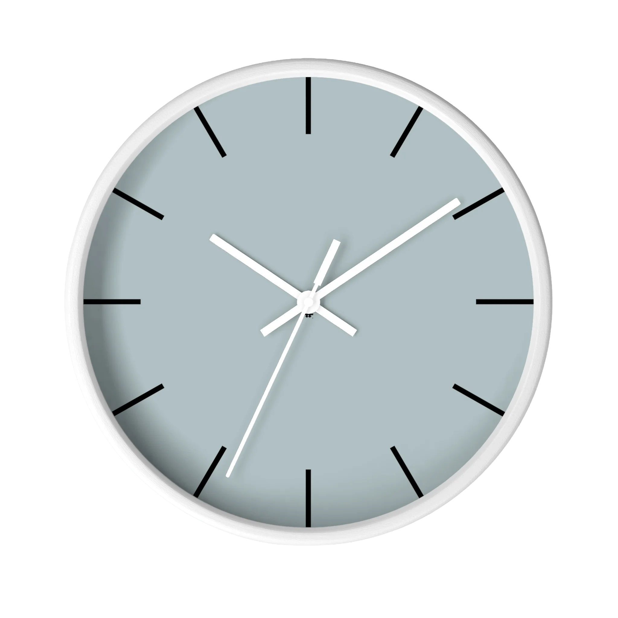 Cool silver silent wall clock, white base, white hands, black markers, 10 inch, front view.