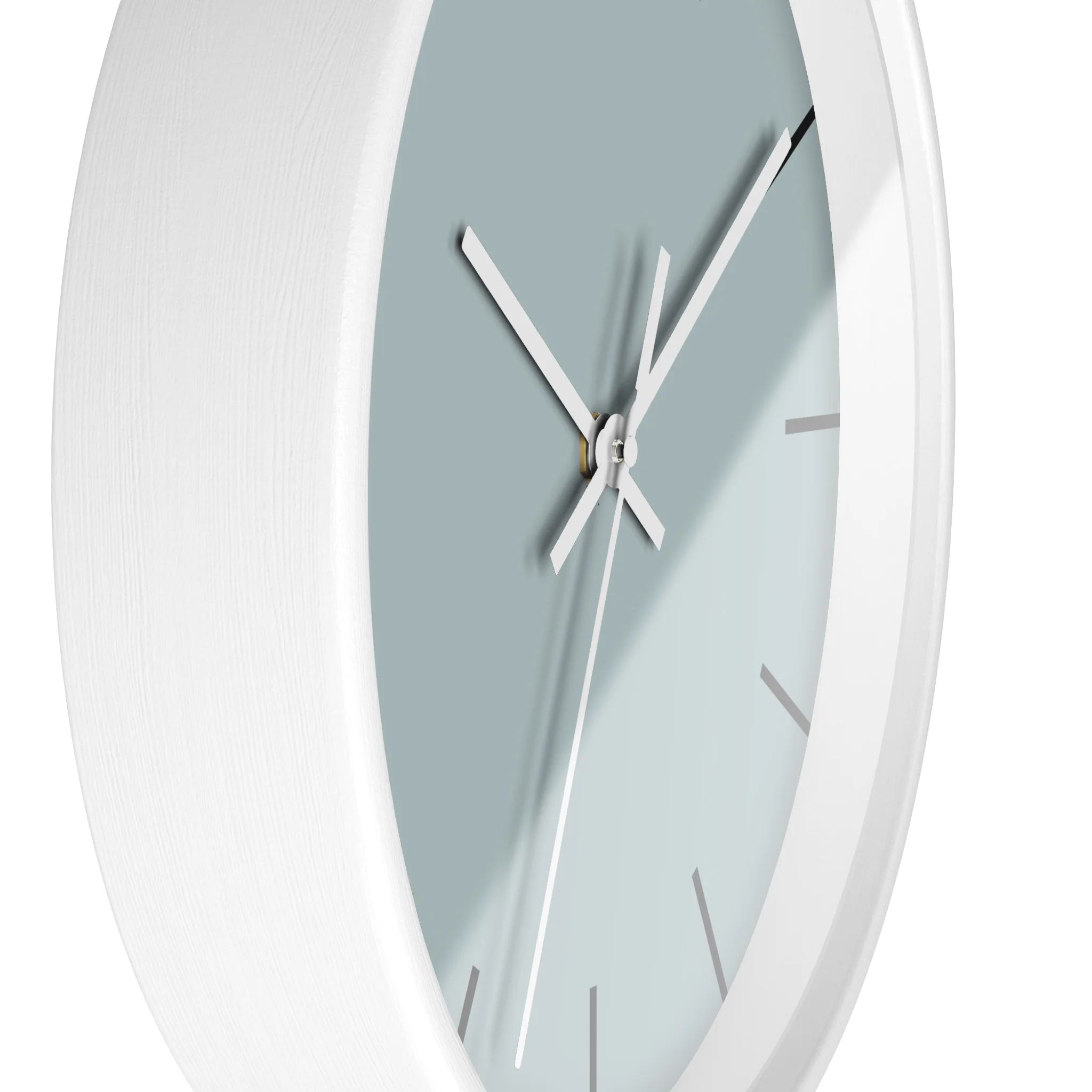 Cool silver silent wall clock, white base, white hands, black markers, 10 inch, side view.