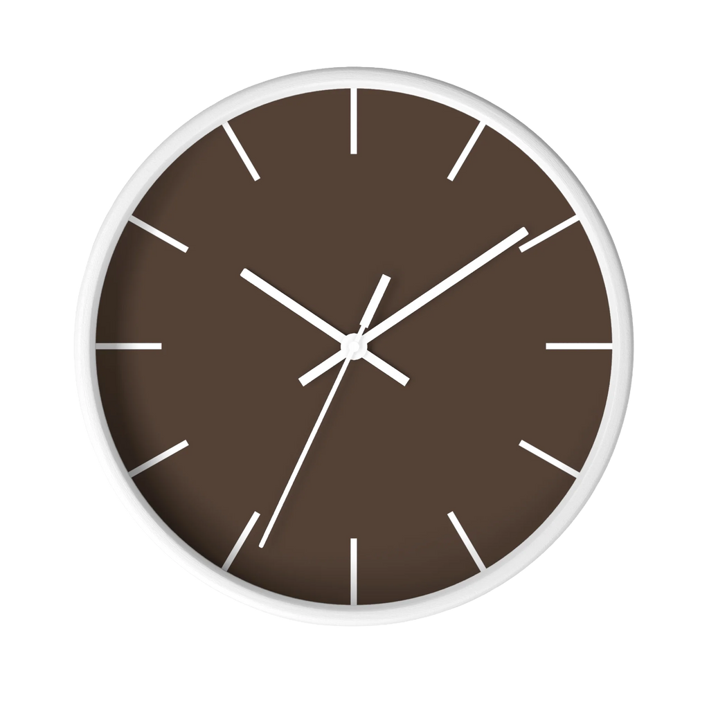 Country brown silent wall clock, white base, white hands, white markers, 10 inch, front view.
