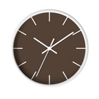Country brown silent wall clock, white base, white hands, white markers, 10 inch, front view.