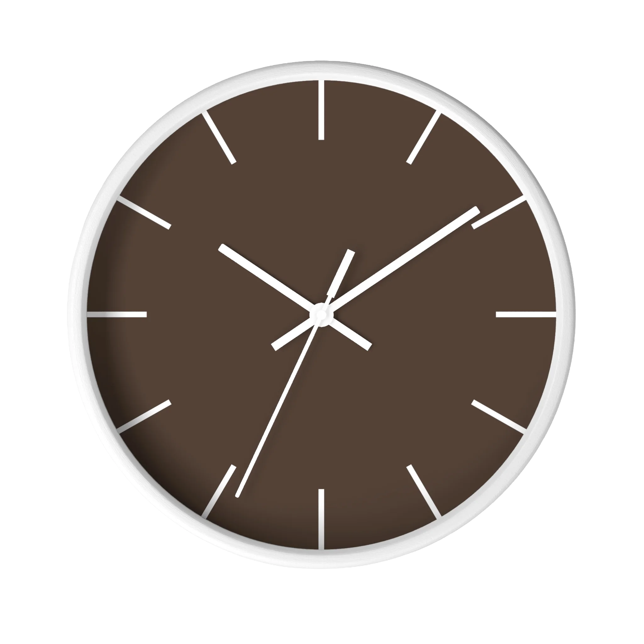Country brown silent wall clock, white base, white hands, white markers, 10 inch, front view.