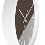 Country brown silent wall clock, white base, white hands, white markers, 10 inch, side view.