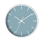 Danish blue minimalist wall clock with white wooden base, white hands, and white markers, front view.