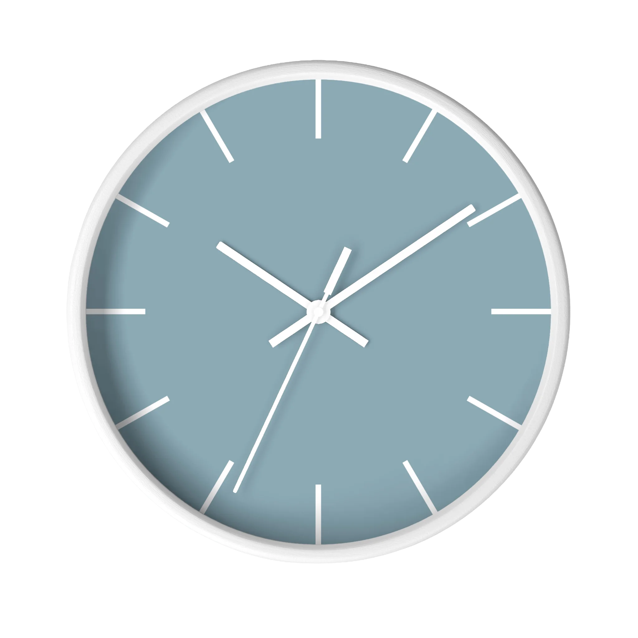 Danish blue minimalist wall clock with white wooden base, white hands, and white time markers, front view.