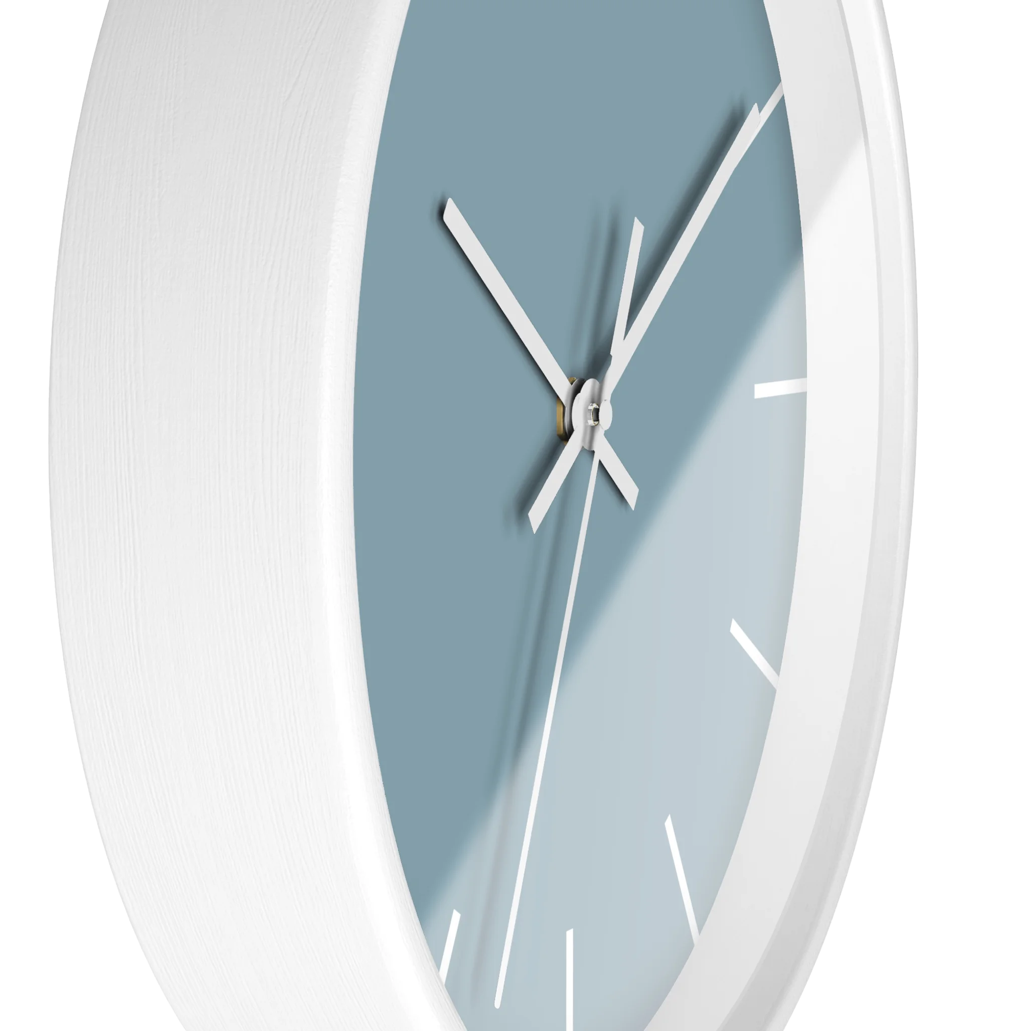 Danish blue minimalist wall clock with white wooden base, white hands, and white time markers, side view.