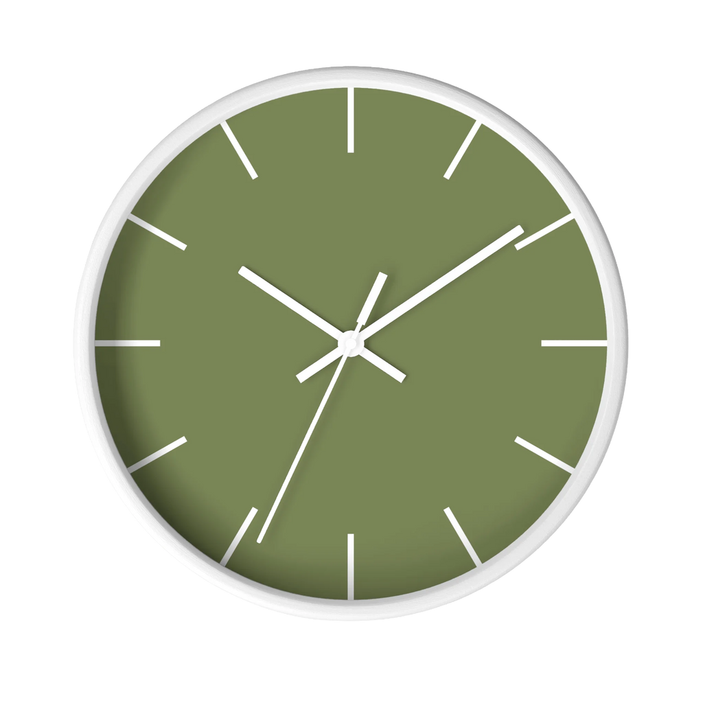 Dark sage olive green silent wall clock, white base, white hands, white markers, 10 inch, front view.