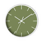 Dark sage olive green silent wall clock, white base, white hands, white markers, 10 inch, front view.
