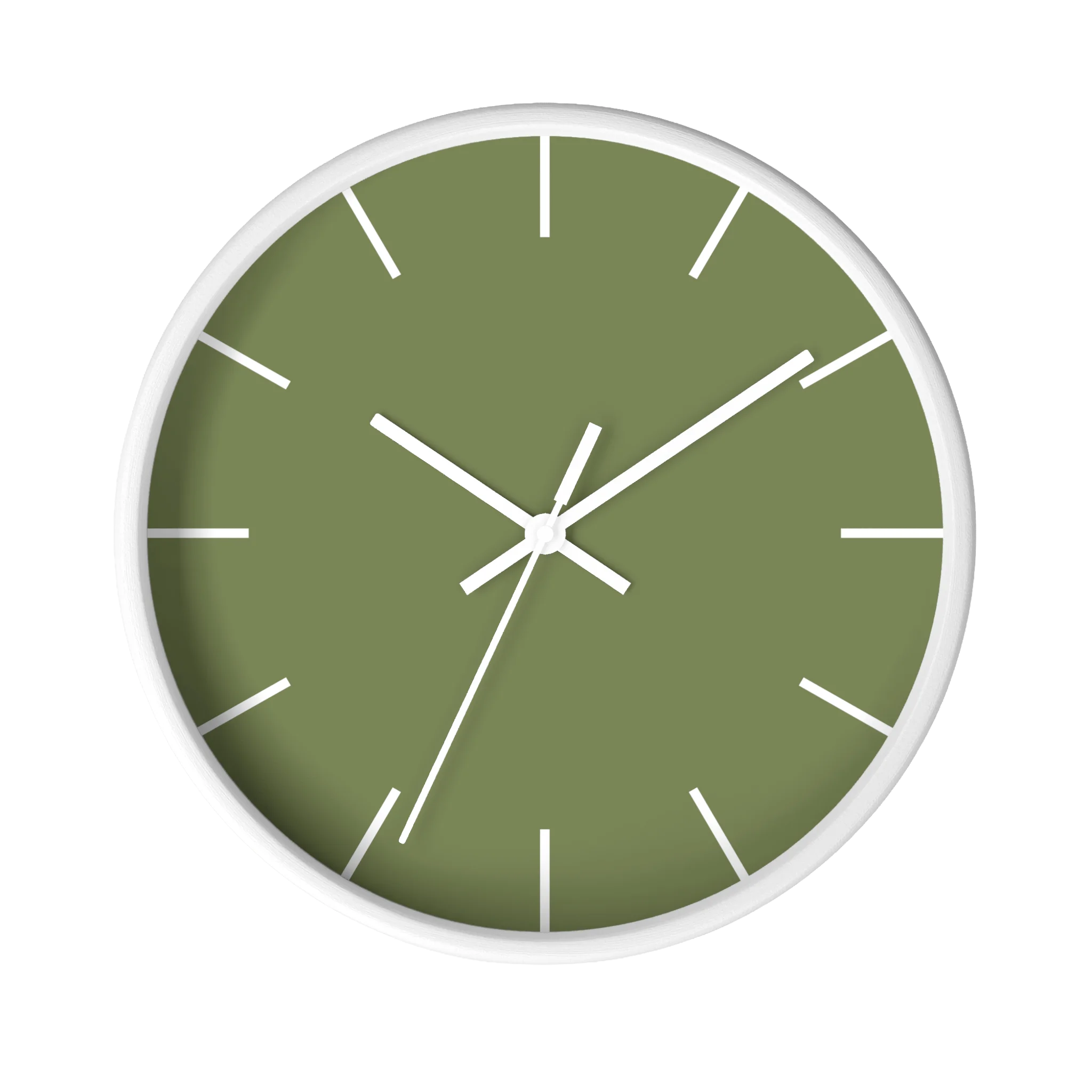 Dark sage olive green silent wall clock, white base, white hands, white markers, 10 inch, front view.