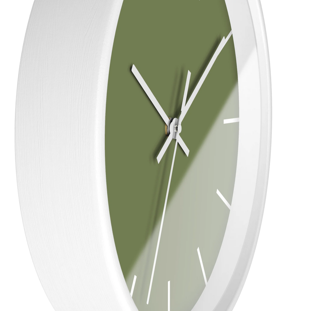 Dark sage olive green silent wall clock, white base, white hands, white markers, 10 inch, side view.