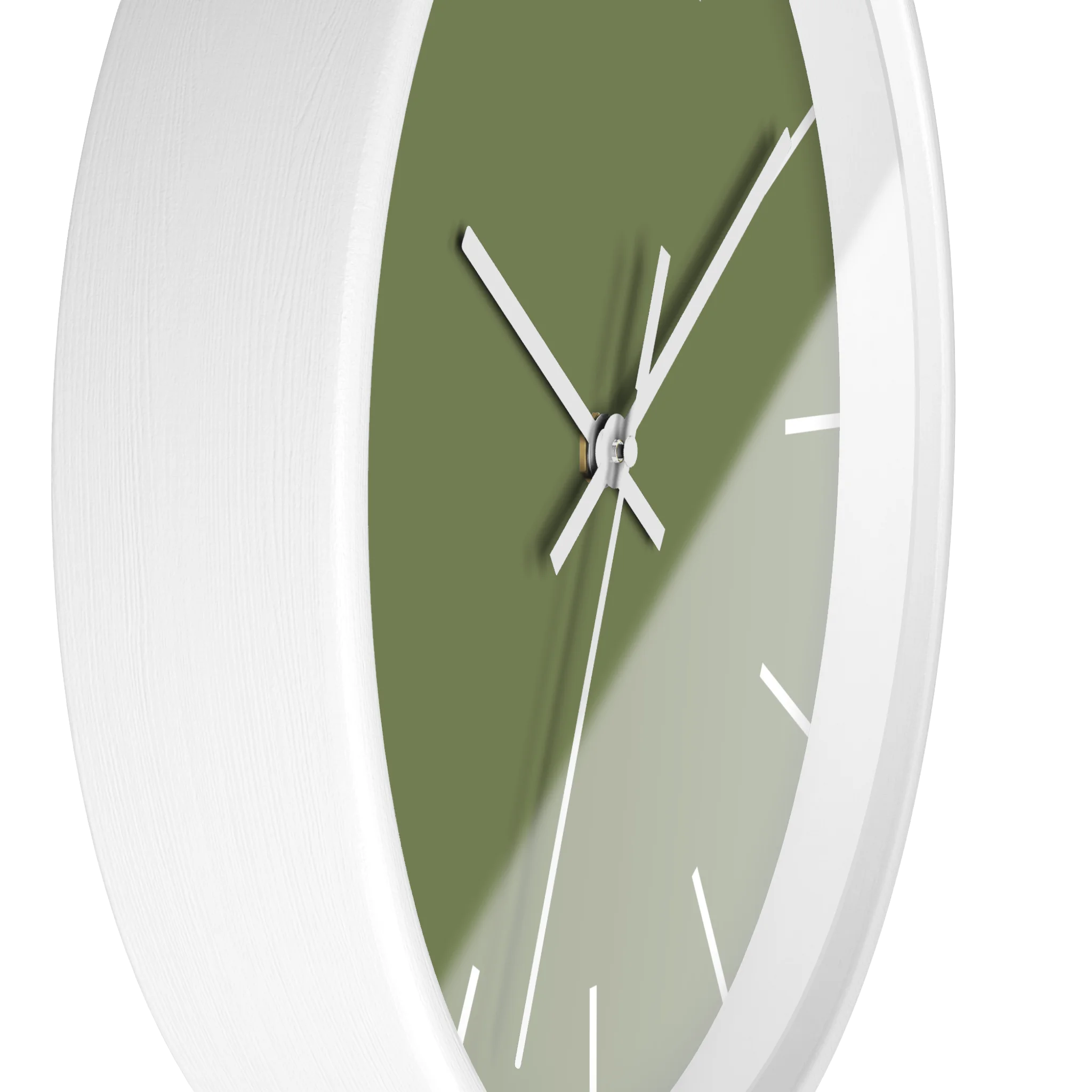Dark sage olive green silent wall clock, white base, white hands, white markers, 10 inch, side view.