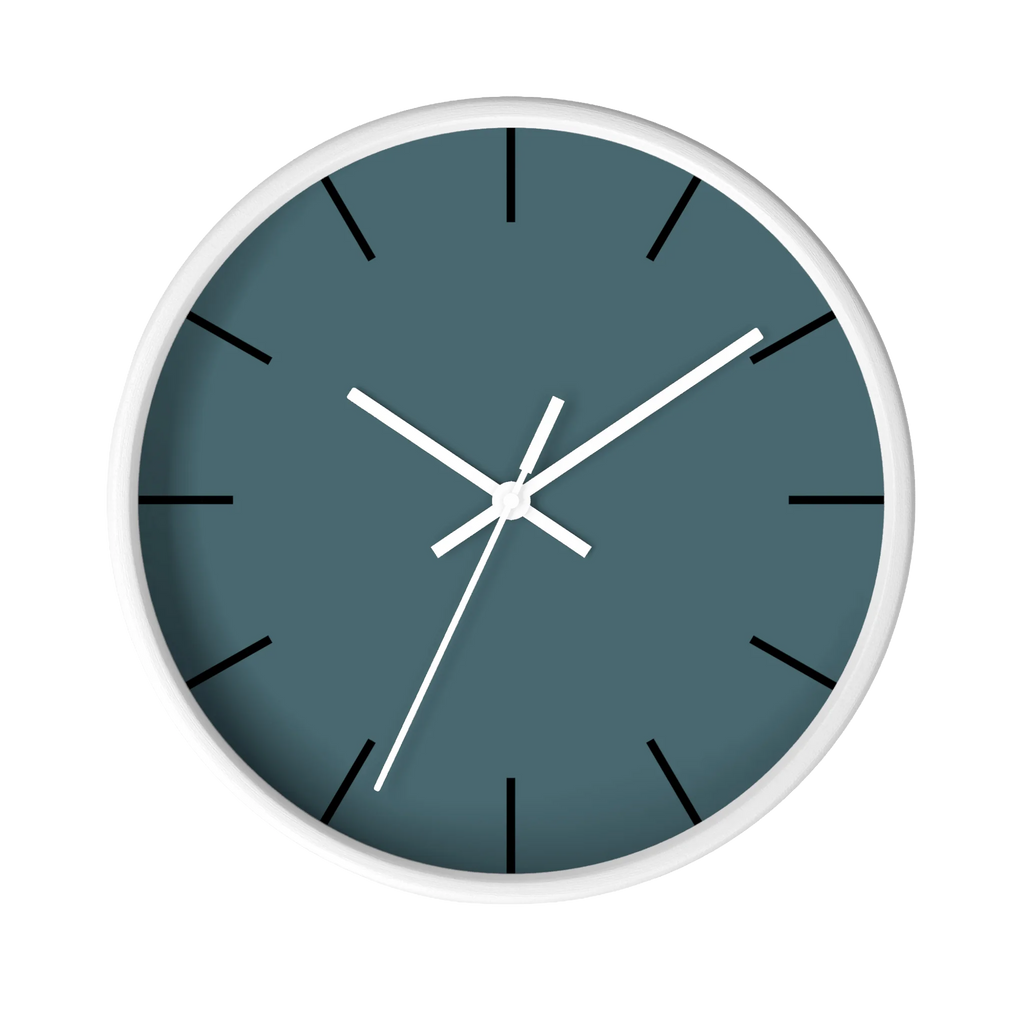 Deep space sparkle teal silent wall clock, white base, white hands, black markers, 10 inch, front view.