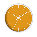 Dixie orange silent wall clock, white base, white hands, white markers, 10 inch, front view.