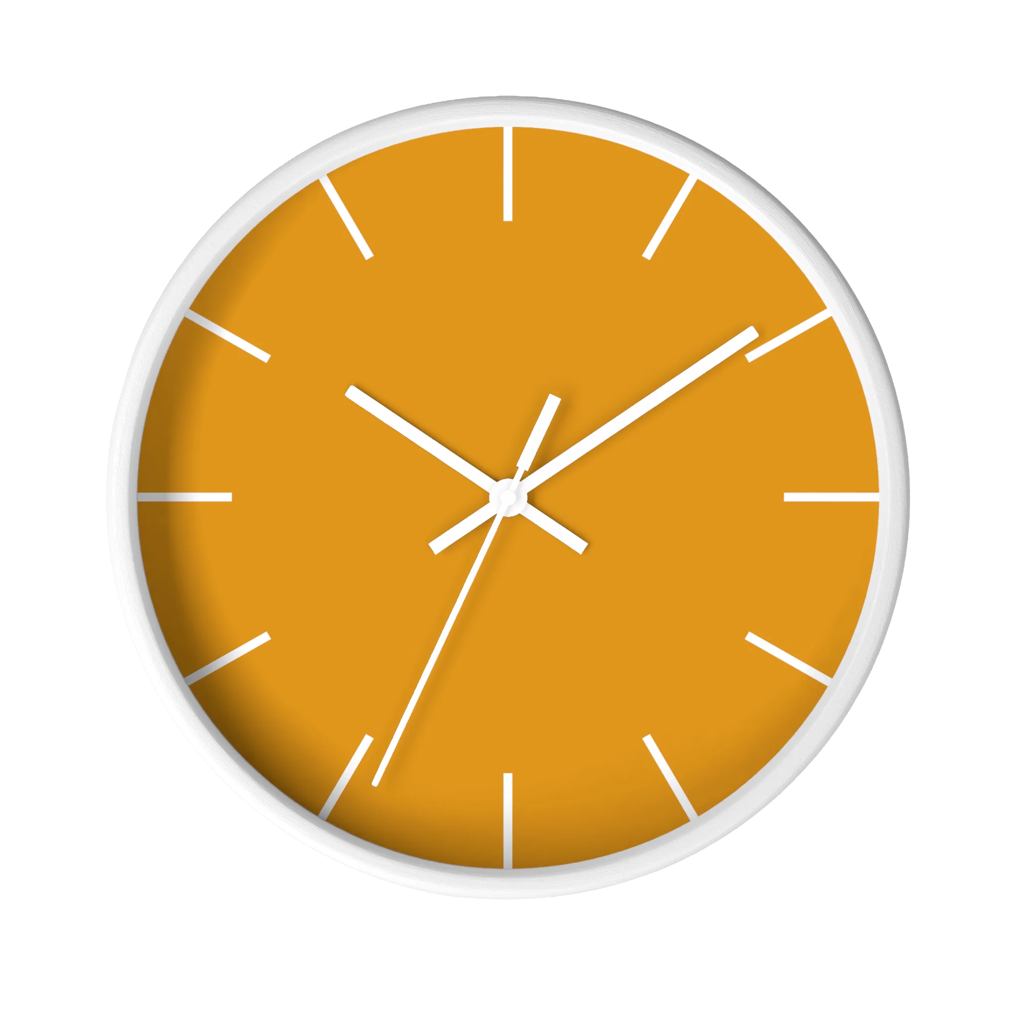 Dixie orange silent wall clock, white base, white hands, white markers, 10 inch, front view.