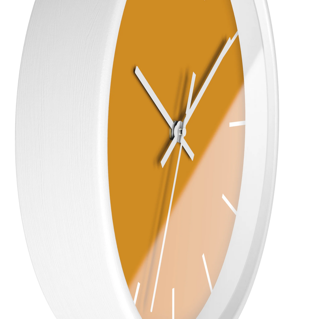 Dixie orange silent wall clock, white base, white hands, white markers, 10 inch, side view.