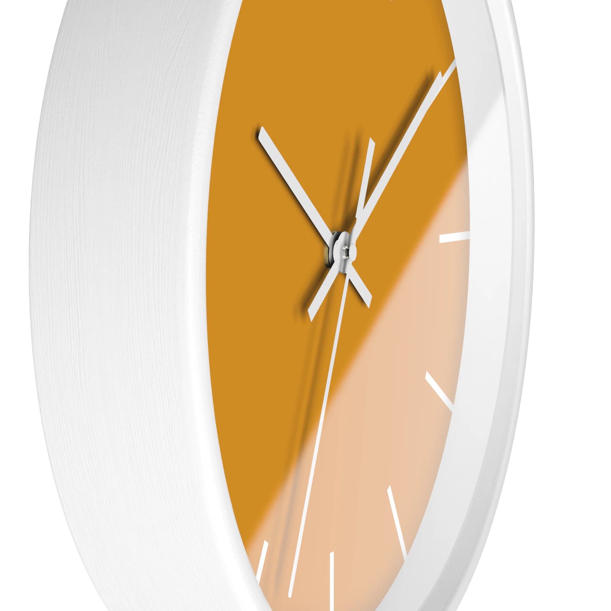 Dixie orange silent wall clock, white base, white hands, white markers, 10 inch, side view.